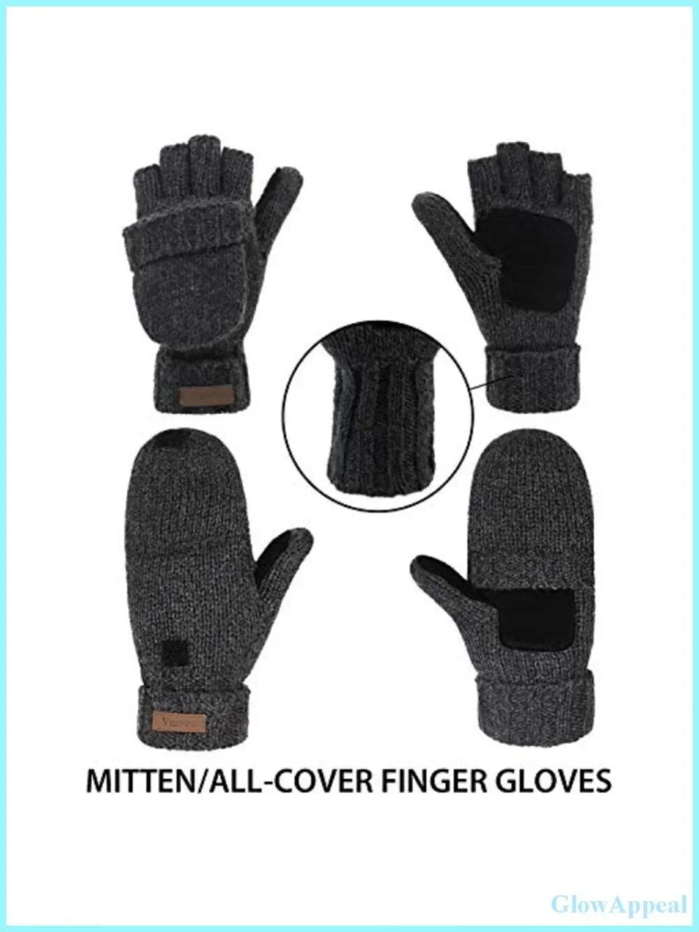 Wool Knit Convertible Fingerless Gloves Mittens with Flap